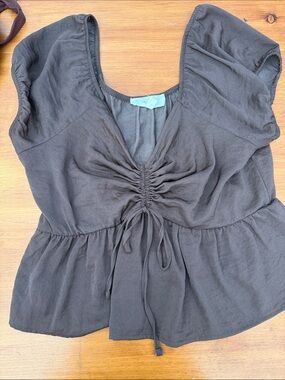 Pink Rose Gathered Front Peplum Top - Charcoal Gray